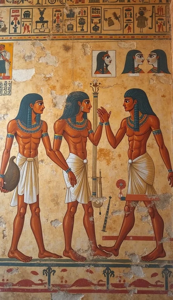 New Egyptian wall with painting of people working. New image from the time. Close-up image of the wall. (( realism)), ((clouse-up)).