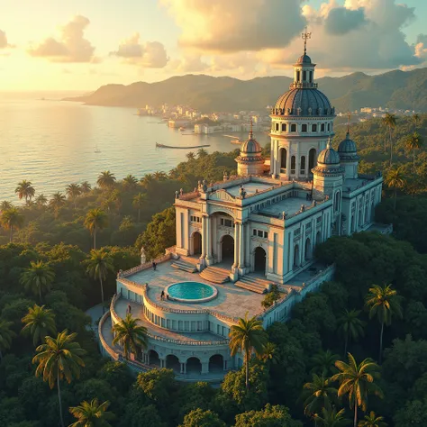 bird's eye view of a d'un (ancien grand palais cubain), (overlooking the magnificent bay of cuba), inspired by Dennis Fremont, Wide-Angle, ((masterpiece)), high details, 8k, (retro futurism style), ambiance lumineuse douceur du soir en ete, sunset light wi...