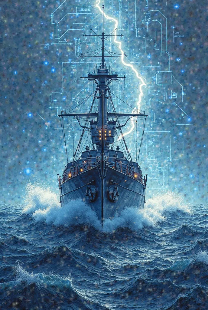 warship (frigate type) sailing on a digital sea, with waves made NOT OF WATER, lines of code or computer circuit graphics .y with a lightning bolt in the background. That the drawing is drawing-style and that the ship is viewed somewhat diagonally from the...