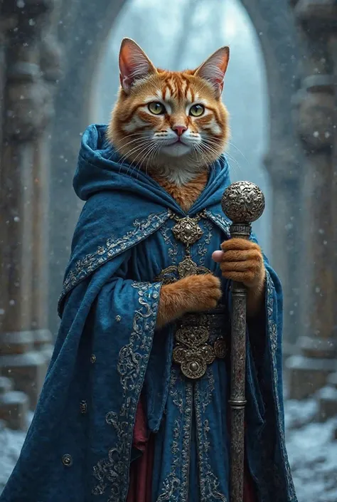 A realistic cat in a fantasy setting, dressed as a wizard. He is wearing a detailed blue robe with mystical silver patterns, an ornamental belt and holding a shiny magic staff. The background shows medieval ruins in a mysterious atmosphere with cold and da...