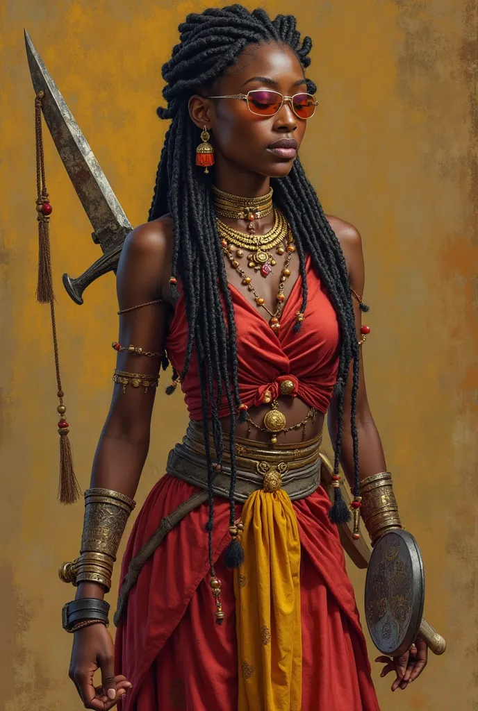 create a realistic image of a black female warrior, African style, with braided hair ,  with a small sword in the right hand,  outfit with a small mirror in her left hand, wearing an outfit in shades of red and yellow