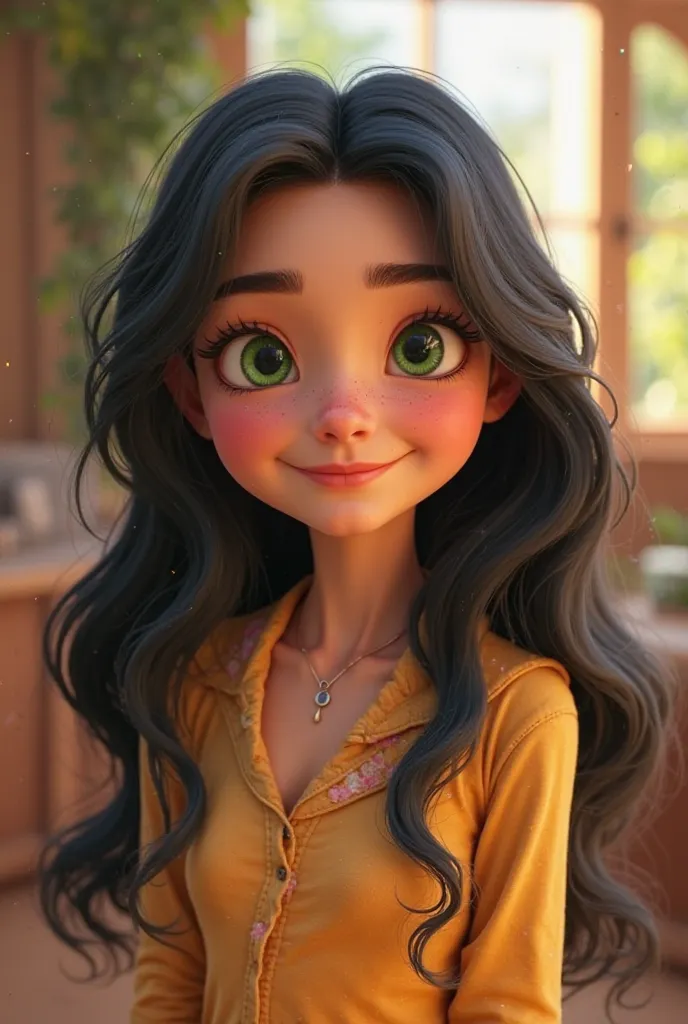 Pixar-type full-bodied girl of medium build who has long wavy black hair with green eyes.
