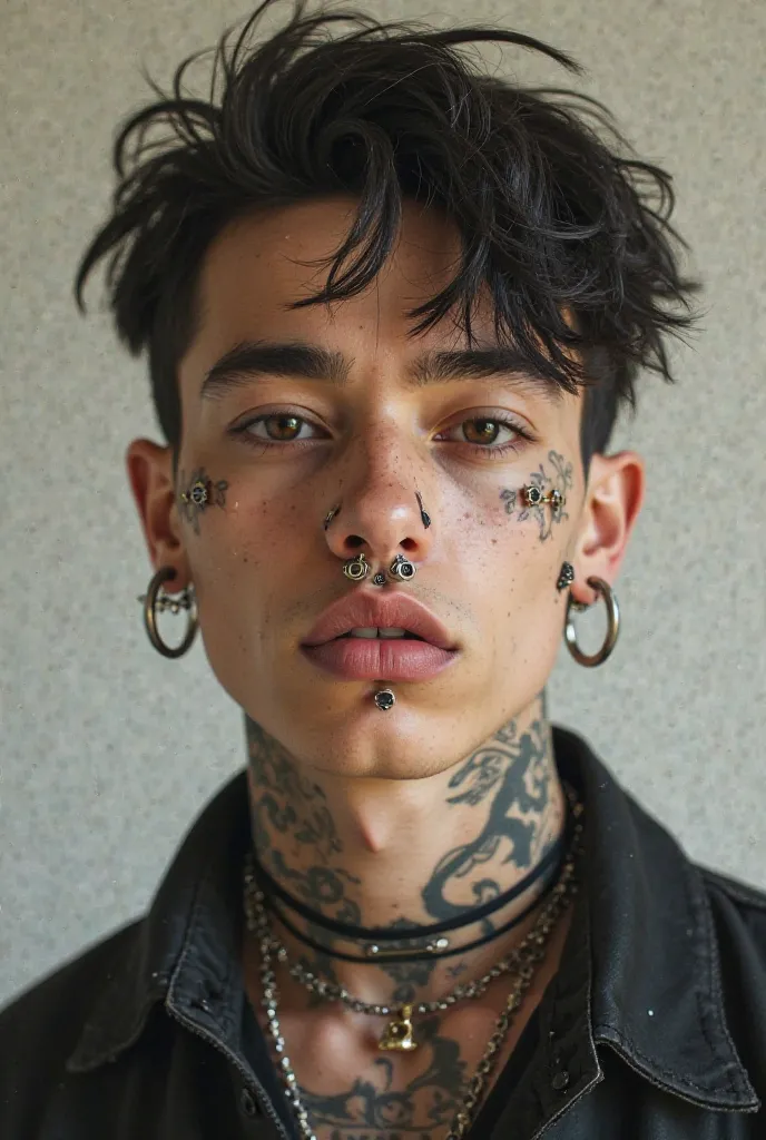 A young man with the following piercings:
One on each eyebrow
One nostril on the right and one on the left 
Bridge
Angel Bites
Snake Bites