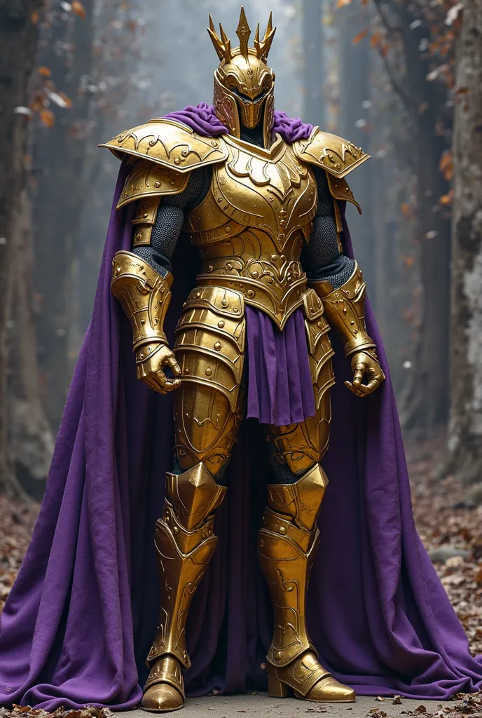 Make a Jojo's Bizarre Adventure stand that looks like this: An imposing knight covered in realistic gold and purple armor, with a majestic cape that moves on its own. In place of the face , There is an eyeless king mask, with a crown floating above the hea...