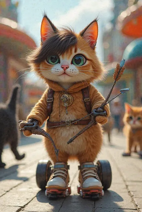 female cat with dark brown fringe. non-humanoid appearance. wears 4-wheeled skates on two of its legs. also has a bow and arrows. is in an amusement park. in the image there is also 1 fat cat (black color), 1 brown and black cat, 1 curly-haired dog (white ...