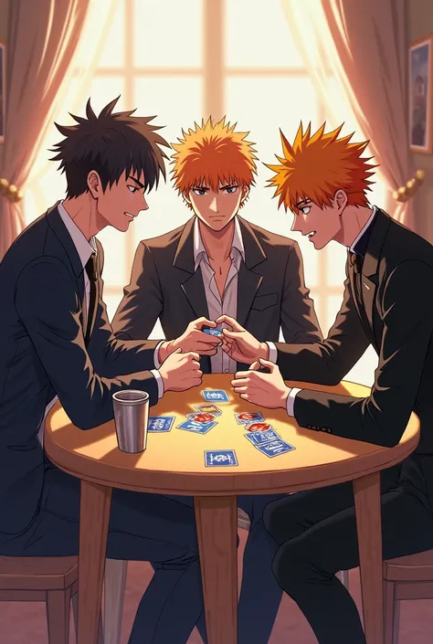 Show me Ichigo Kurosaki from the bleach, series playing “one” the card game with Yuta Okkotsu from Jujutsu Kaisen and Shouta Magatsuchi from Kobayashi Dragon