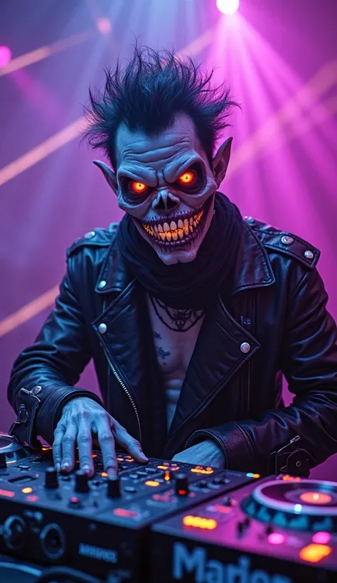 Create a humanoid demonic creature with pale, skeletal skin, glowing eyes and a wide smile with sharp teeth. He has spiky, dark hair, a dark cyberpunk style and wears a black leather jacket with details Metallic. He's in a DJ booth, surrounded by purple an...