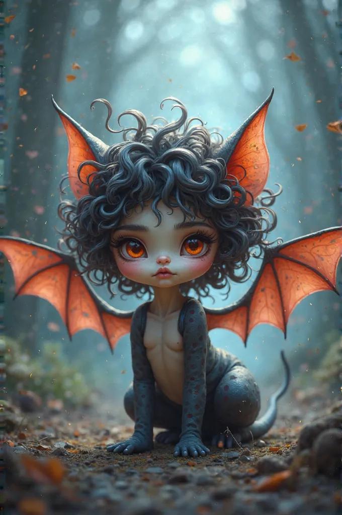 Bat wings under the back, curly and curvy hair, chibi