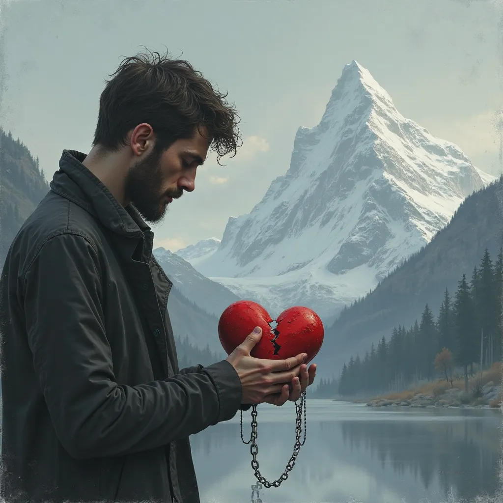 A man on the left side holding a broken heart with a chain with a snowy mountain in the background 