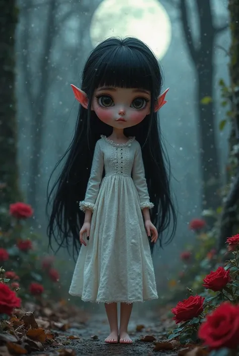 Digital Art Cartoon Doll Gothic Elf Pale Skin Long Straight Black Hair,With short bangs, long black nails ,long white sweater dress 1830, Barefoot walking in a cemetery in the black forest with red roses and creepers on a moonlit night