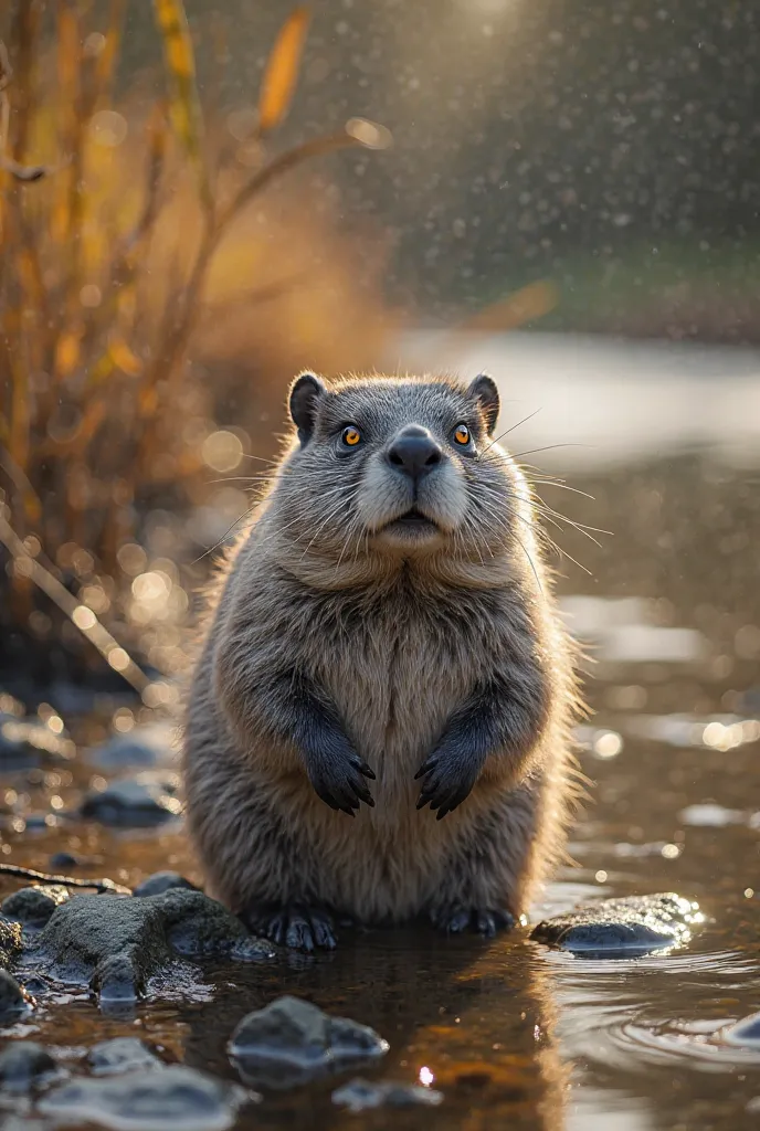 A young beaver with silver fur and glowing yellow eyes stood by the river that was beginning to dry up. The river water looks murky, with river stones now visible due to receding water. In the distance, another beaver colony can be seen that looks worried....