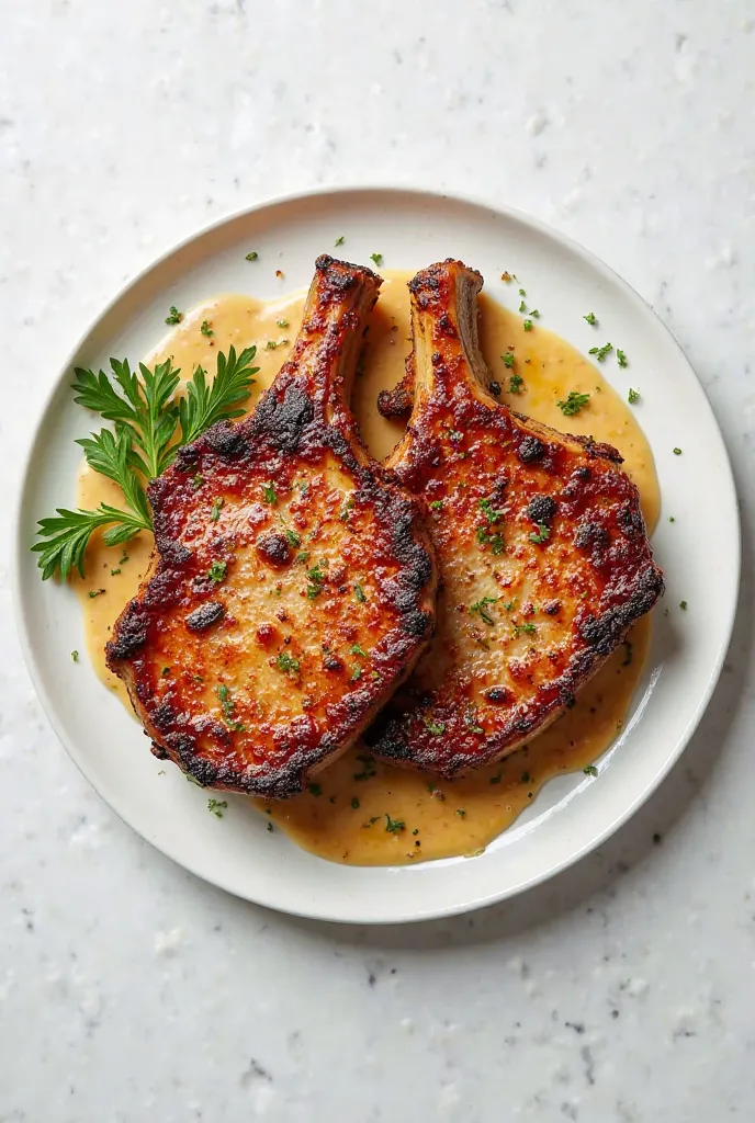 Can you create an image of some pork chops for me, on a white plate and the photo taken from above?
