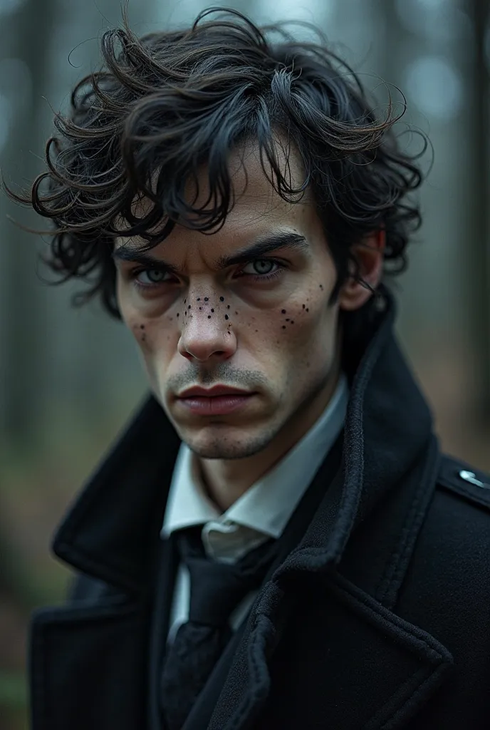 Rencontrez Warlock Holmes, L'énigmatique cousin éloigné de Sherlock, avec une touche surnaturelle. Ce portrait envoûtant capture ses yeux ambrés perçants, laissant entrevoir une rencontre nocturne fatidique avec un vampire. Son sauvage, ses cheveux négligé...