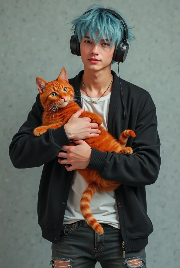 A cute guy with beautiful soft blue hair in a black cardigan,black ripped pants, headphones,holds a red cat in his hands