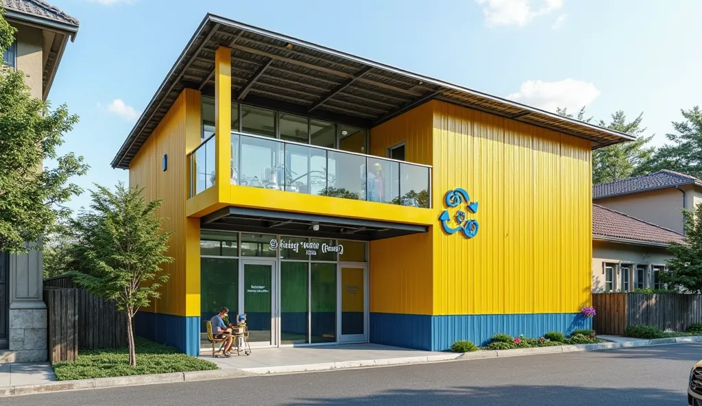 "The 10-meter wide and 7-meter tall two-story recycling center is designed for high visibility and a strong brand presence. On the right and left of the building are residential homes. The exterior is painted in bold yellow, with the KOMADA logo prominentl...