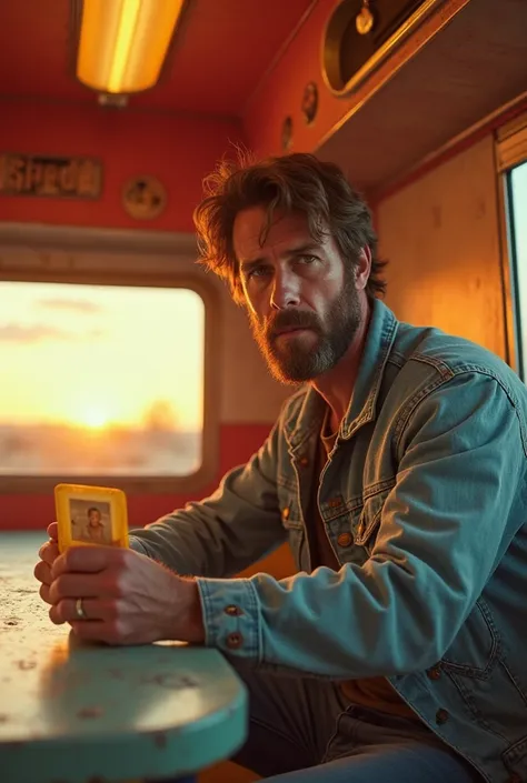 Interior of a trailer in an arid American lot, red and golden sunset, flickering fluorescent lamp, corrugated metal walls, chipped formica table, American man in a faded denim jacket holding a yellowed Polaroid, harsh light with stark shadows, shallow dept...