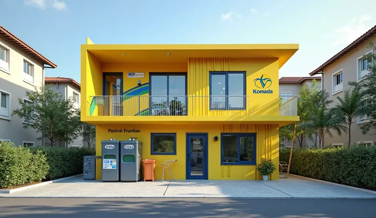 "A two-story recycling center with a land width of 10 meters, a land length of 13 meters and a building height of 7 meters. This design is very simple. On the right and left sides of the building are densely packed residential houses. The exterior is paint...