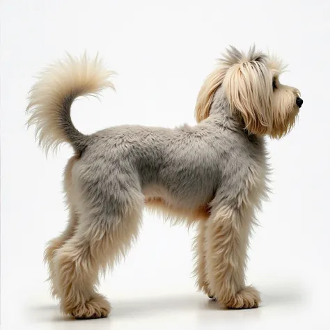 view from behind, direct view of rear end, view of hind end, quadrupedal dog, revealing trim, looking behind over shoulder, inviting, animal, continental clip, good sized, smooth skin, shiny skin, tail up, raised tail, holding tail up, excited, real dog, a...