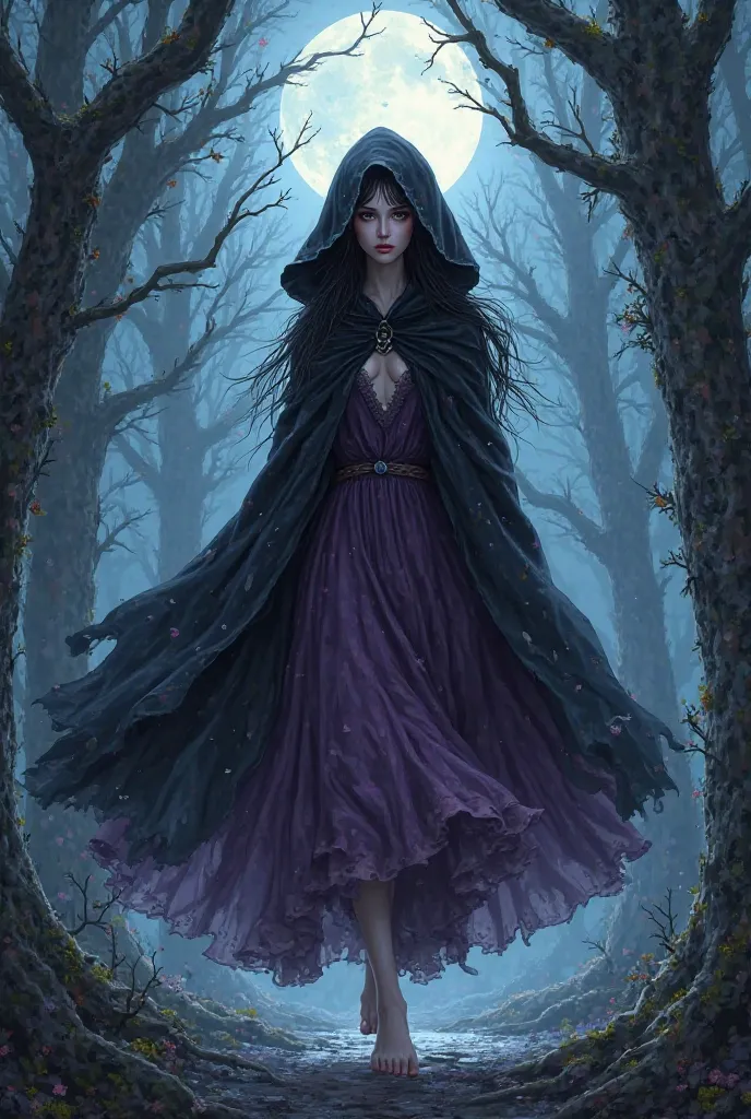 Manga art: witch in a black cape and velvet hood,long black hair, fringe,white skin, dark purple dress, bare feet walking through a haunted forest on a full moon night