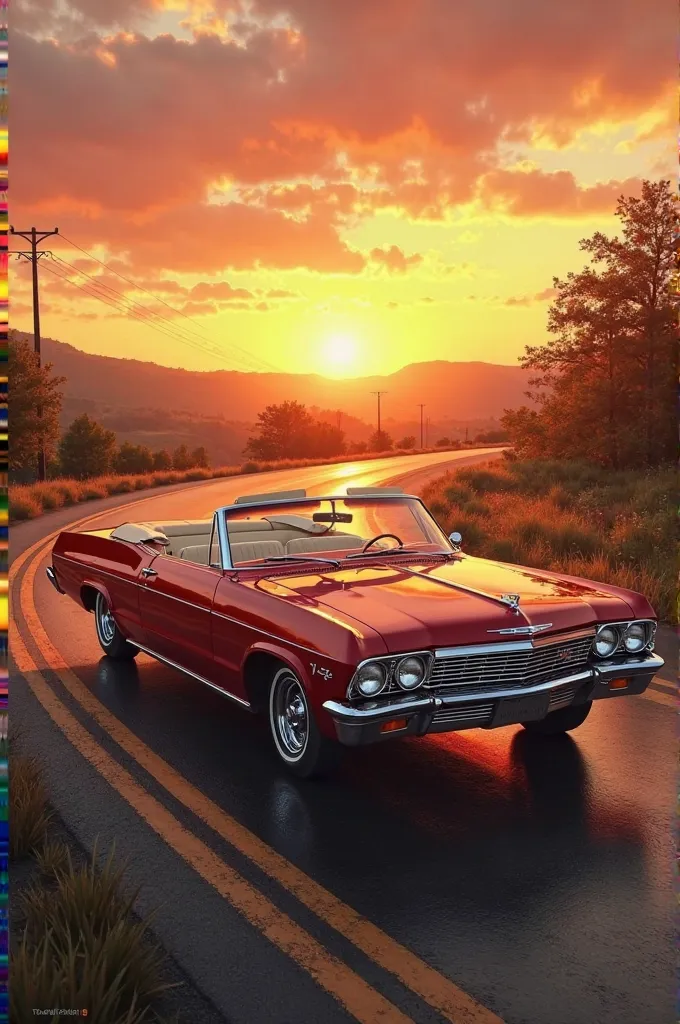 Draw a red 1964 Chevy Impala convertible on a road under sunset 