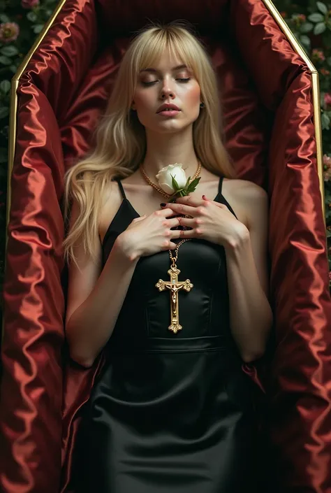 Dead blonde beautiful girl long bangs  eyes closed mouth closed barefoot satin glives hands folded on chest holdin gold crucifix white rose dressed in tightblack long satin sleeveless dress lying in satin coffin in funeral home full top view photorealustic