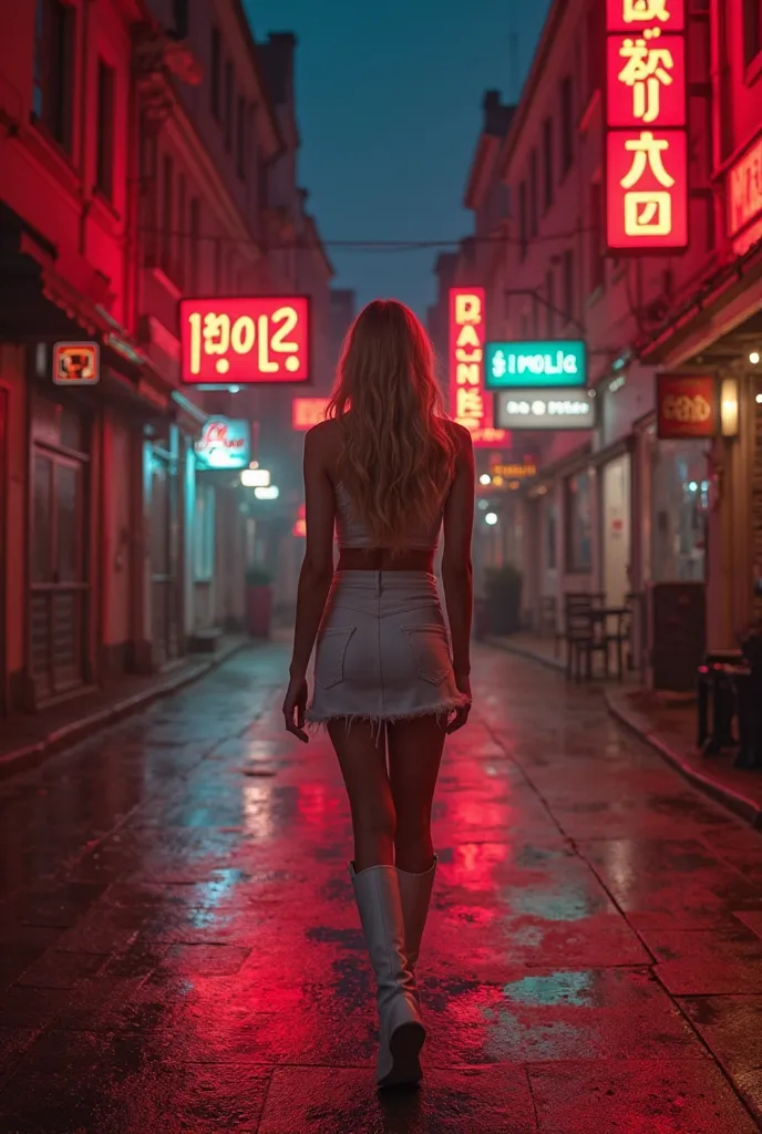 Make a movie poster with the name Imola written in red, The main character will wear white boots, a top, a very short skirt and very blond hair and she will be walking on a street at night and on that street there will be nightclubs with red LED lights 
