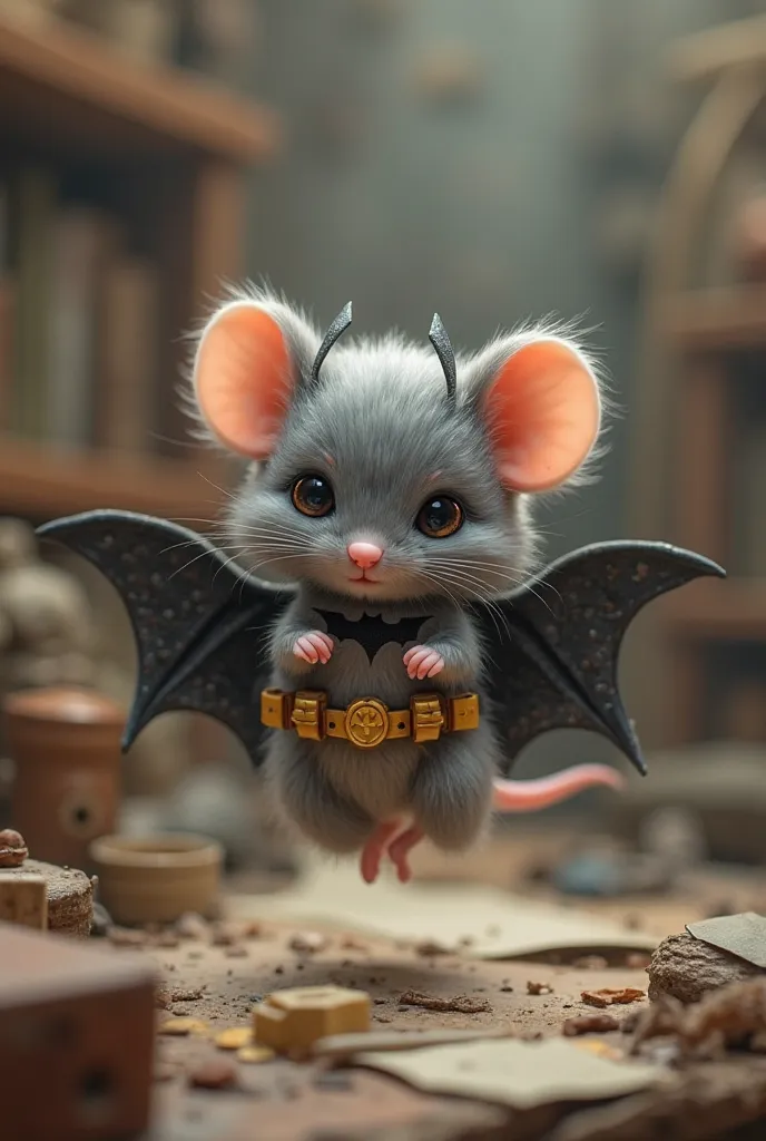 Create a micro fluffy Batman mouse that tries to fly 