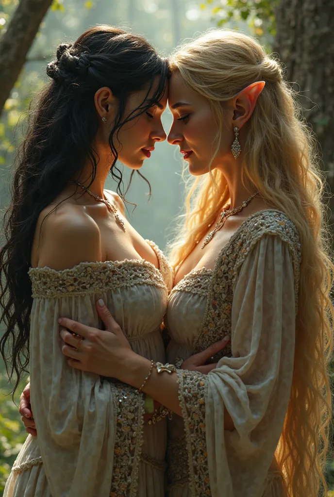 Realistic picture of busty Arwen and galadriel kissing, massaging her huge breasts, bigger boobs