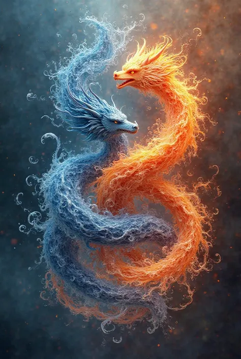 Extreme yin shape but red blue, blue is dragon-shaped water, red is phoenix-shaped fire 