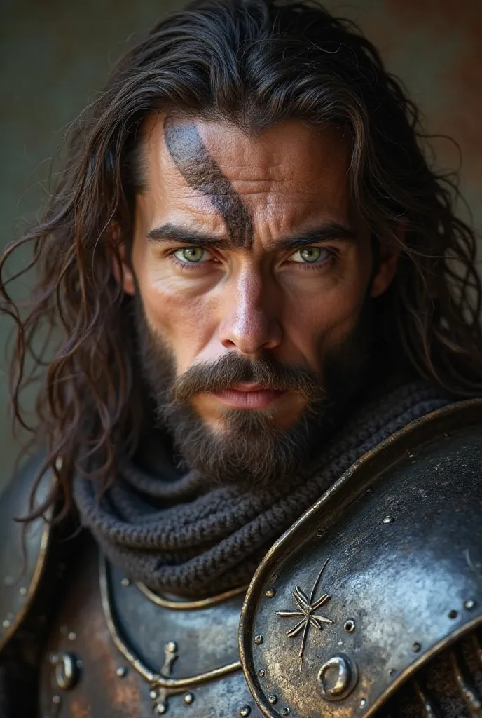 An imposing medieval young gentleman , In 25 years, With a beard and mustache,  with an intense and fierce look that seems to challenge anyone who dares to cross his path .  His long, dark hair falls on his shoulders , framing a strong and very handsome fa...