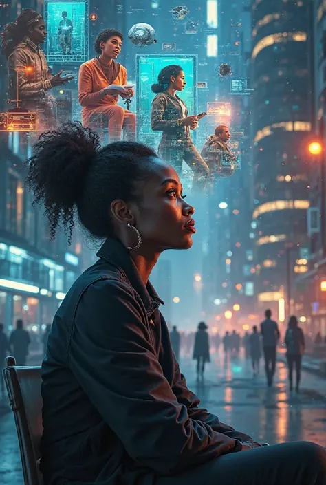 A powerful Black woman sits in deep thought, her eyes glowing with inspiration as she imagines a world where she is included in every profession. In her vivid imagination, she sees only women excelling in every field—Black female engineers designing futuri...