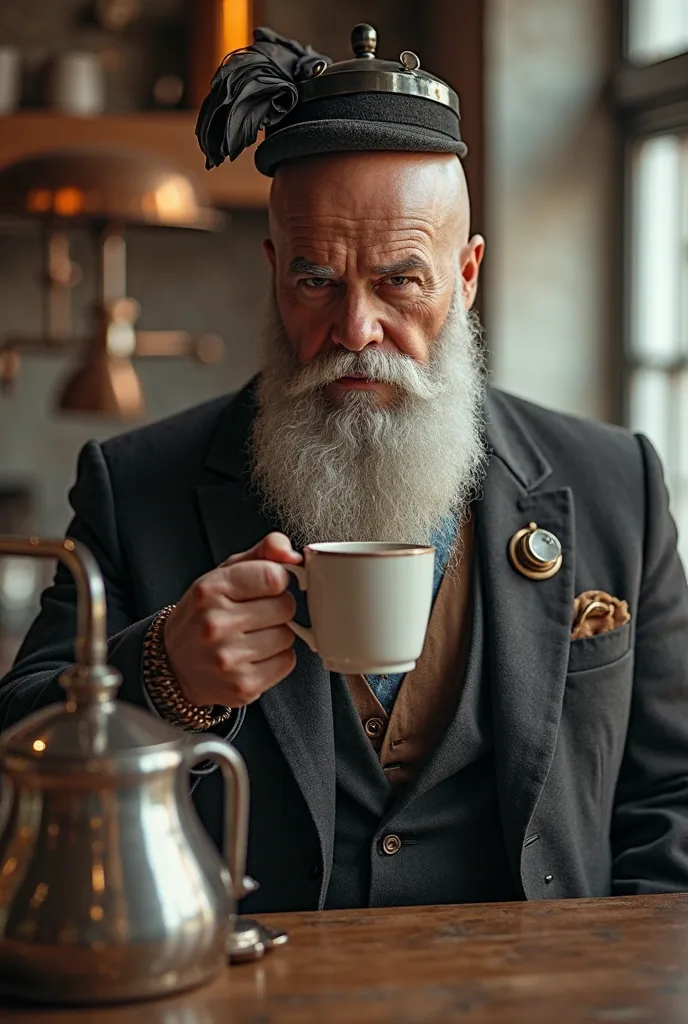 A beautiful badass steampunk man with bald and long, white, well-groomed beard, with a hat, drink a Mug of coffee in his kitchen