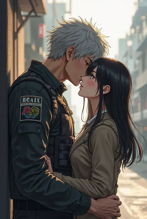 MAN — a young Japanese-Russian muscular idol — in tactical clothes with gray hair kisses a young Japanese girl with a square and black hair.  Realism style !!!!!!!!!!! Realism — real life with romantic touches.