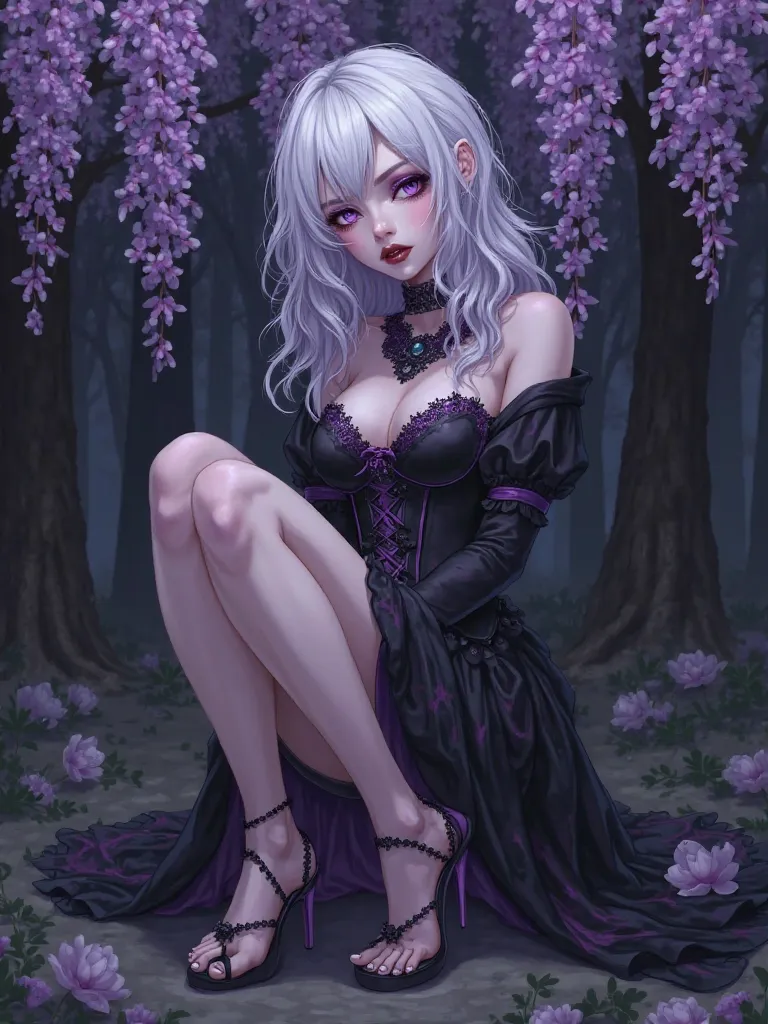 A woman with wavy hair, slightly messy, white with purple highlights, purple tips. , slightly closed purple eyes with eyeliner , wears purple eyeshadow, Black Lipstick, a black corset with purple details, a skirt with a slit in the thigh, And a purple heel...