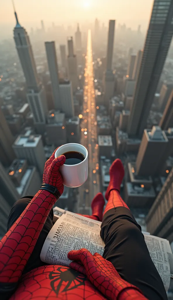 "First-person perspective of a superhero wearing red gloves with black web-like patterns, sitting on the edge of a tall building. In his left hand, he holds a coffee cup, and in his right hand, he holds a newspaper. The city skyline stretches out below, wi...