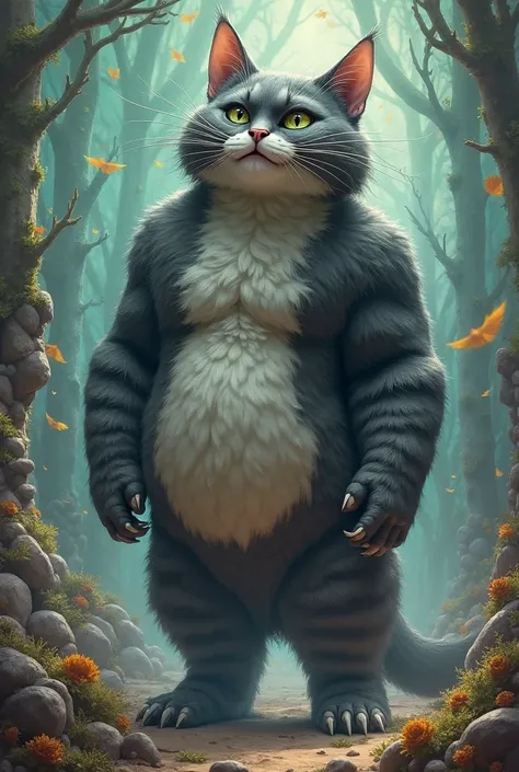 
generates a large, strong humanoid cat, with a face similar to the cat from Alice in Wonderland.