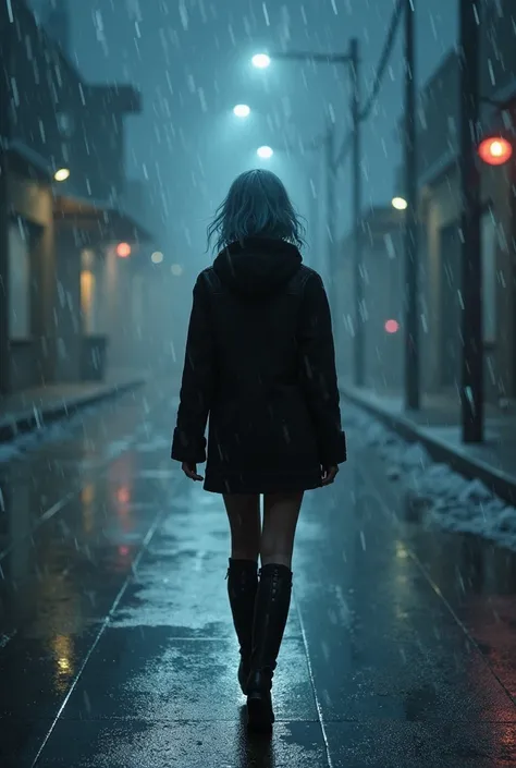 A young woman with Light blue blonde hair white, using black rider strict suit and hoodie. Seducted, beautiful, 20 years old. Walking In the middle of the road. Rainy weather at night 