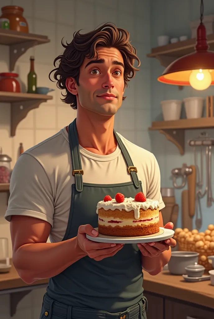 Relaxed man in the kitchen 30 years old pastry shop Paulo Borges holding a cake eye color honey skin color Tan curly hair cut low logo design 