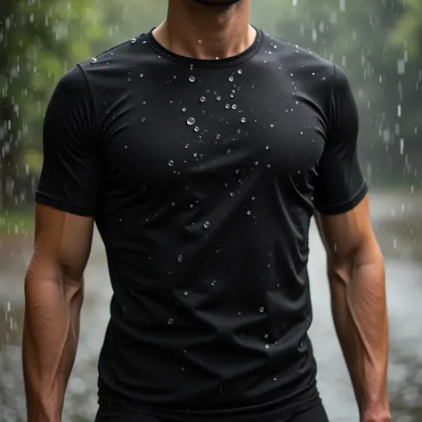 Highly detailed and realistic scene of a person wearing a fitted black t-shirt made of water-repellent fabric. Water droplets are visibly sliding off the surface of the t-shirt, leaving no trace of moisture, with some beads mid-motion to emphasize the repe...