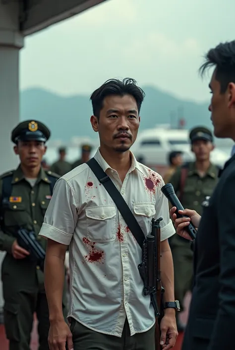 The deck of the ferry. lying bodies . Paramedics, military. the police.   A wounded Chinese engineer in a white shirt with blood spots with a rifle on his shoulder stands in front of the camera and a reporter giving an interview.