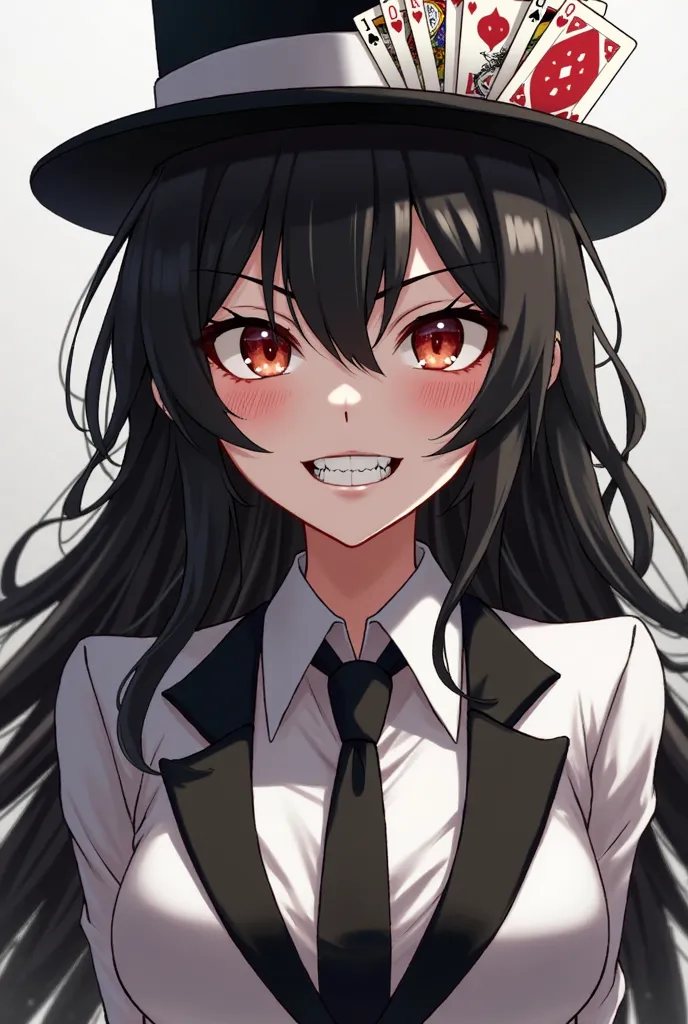 She is a female character wearing a white and black suit vest with sharp anime-style teeth with long wavy black hair wearing a hat with three playing cards glued to her anime-style hat 