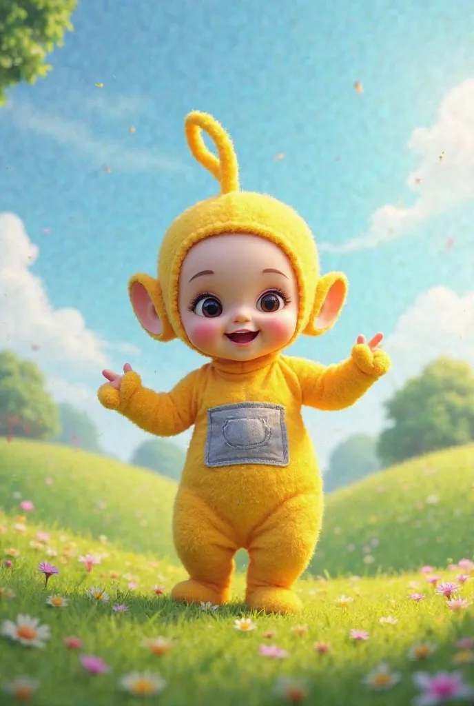 "A cute  from 2 to  is standing, ready to dance. She has round cheeks,  bright eyes and a charming smile. She is wearing a colorful and comfortable outfit, ideal for playing and moving freely.  The surrounding scenery is a vibrant green field , with small ...