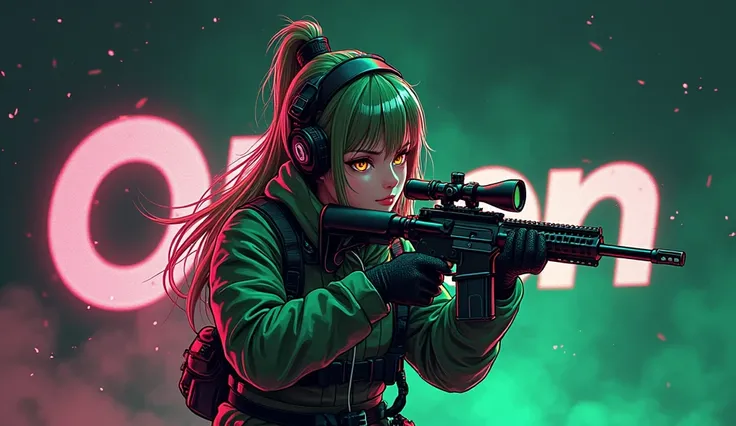 a logo do canal "Otten" features an anime killer holding a sniper, with pink and green glitter and shiny details. She wears a weed green camouflage outfit and has hair with neon reflections. the name "Otten" is in modern font, with neon green and pink effe...