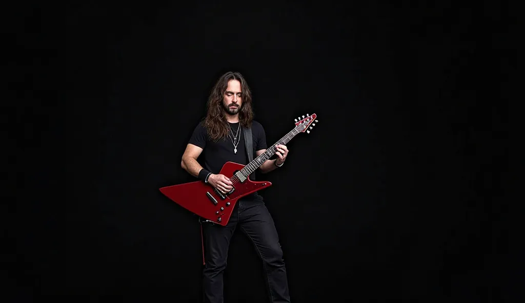 A central figure is a rock guitarist standing and playing a red electric guitar. He has long hair and a beard, giving him a strong and intense presence. The background is completely black, making the musician and his instrument stand out. Subtle lighting h...