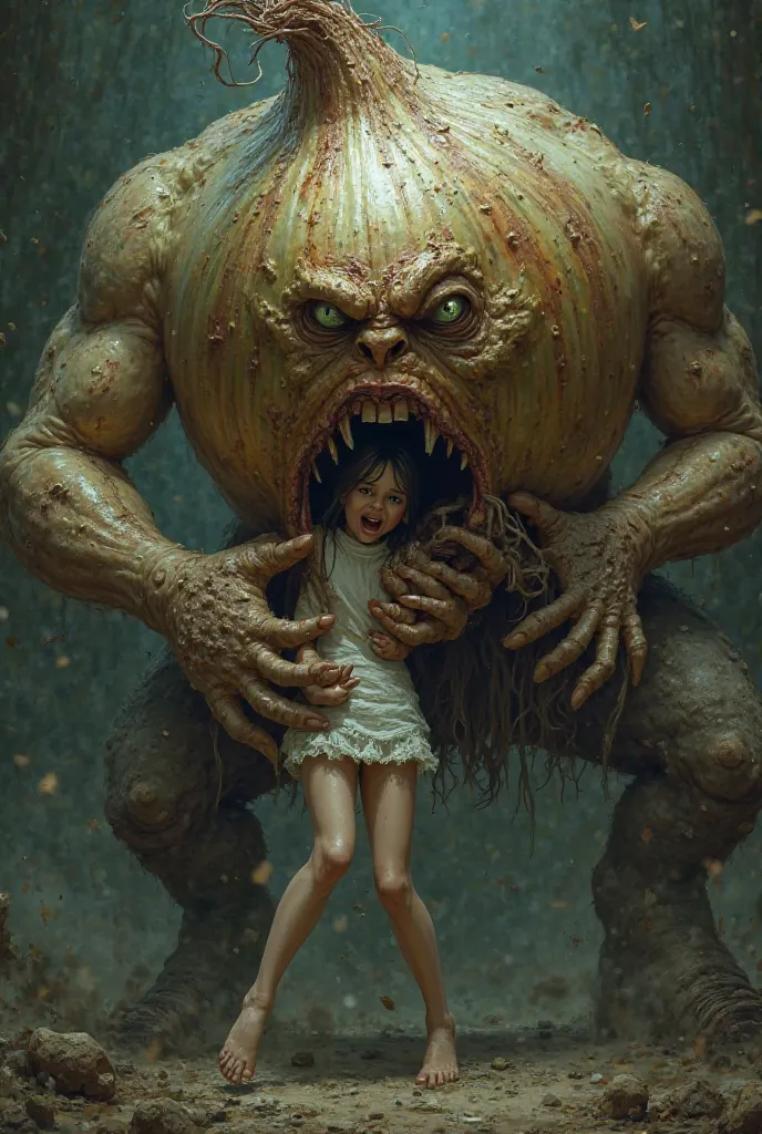 A nasty giant onion holding a tattooed brunette girl with green eyes in his hand 