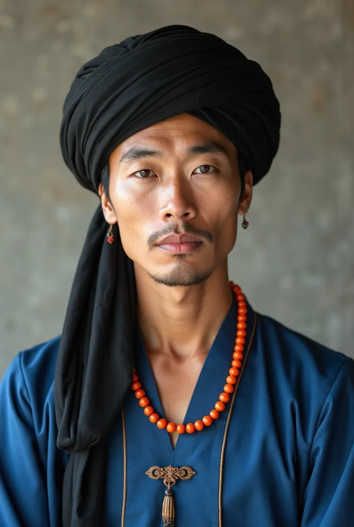 Handsome north vietnamese adult man face, round face, adult male handsome face, 30 years old, pale skin, wear traditional blue unbuttoned long sleeve clothes , long wide short black turban wrapped and cover his head, hair and ear, traditional orange ancien...