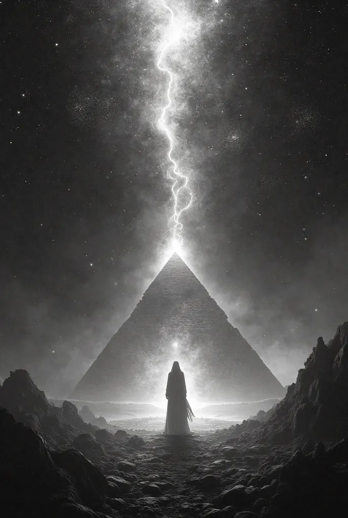 create a black and white image that evokes astral travel with pyramids