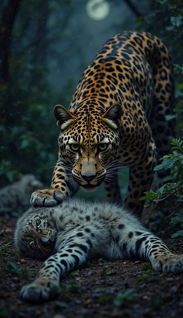 A powerful leopard crouches over a defeated gray wolf in a dark, dense jungle setting. The wolf’s thick, silvery-gray fur is ruffled, its body sprawled among the tangled foliage and shadows. The leopard, its sleek spotted coat glistening under the faint mo...