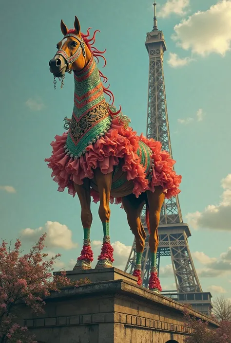 Horse with its head cut off carnival dress on top of the Eiffel Tower