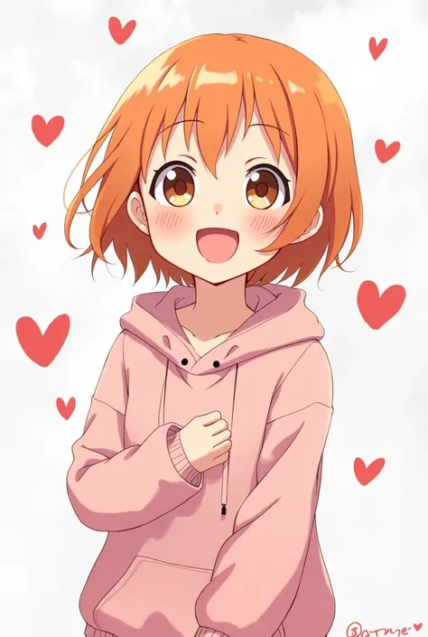 Anime is a laughing girl, with short orange hair, wearing a pink hoodie and white paint behind her.. With red hearts flying around her, 